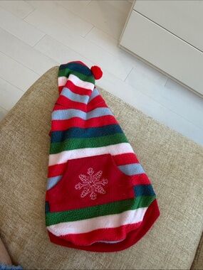 Dog Striped Holiday Outfit with Red Pom Pom Size Small